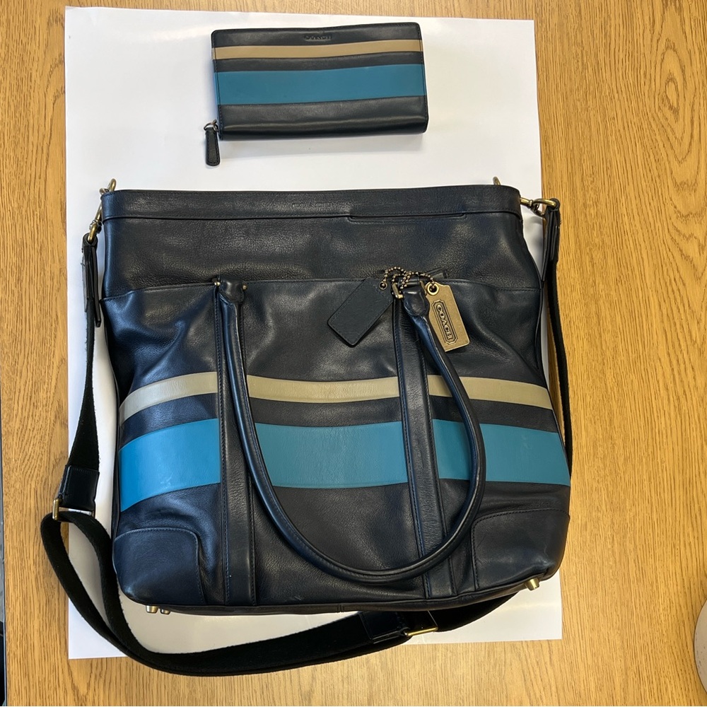 Coach Navy Blue Leather Bag with Matching Wallet